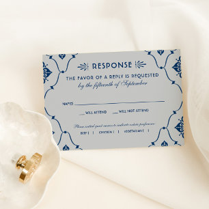 Vintage Navy Blue and Silver Art Deco Wedding RSVP Card