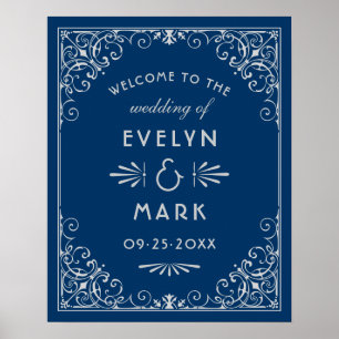 Vintage Navy Blue Art Deco Wedding Welcome Poster