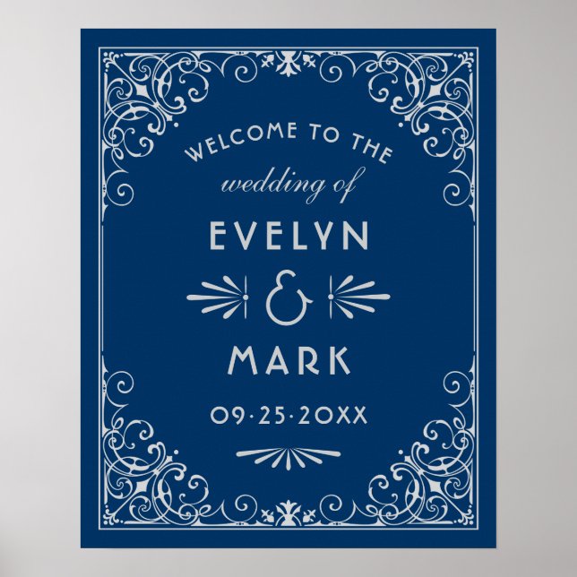 Vintage Navy Blue Art Deco Wedding Welcome Poster (Front)