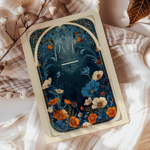 Vintage Navy Blue Art Nouveau Wedding RSVP Card