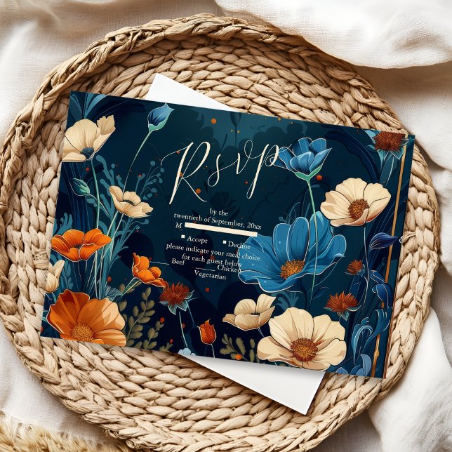 Vintage Navy Blue Art Nouveau Wedding RSVP Card (Creator Uploaded)