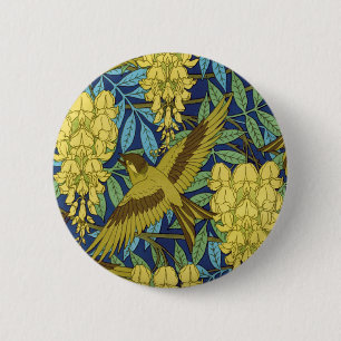 Vintage Navy Blue Bird & Yellow Floral Pattern 6 Cm Round Badge