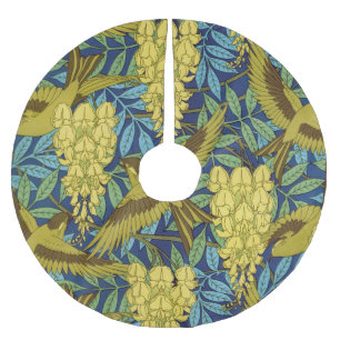 Vintage Navy Blue Bird & Yellow Floral Pattern Brushed Polyester Tree Skirt