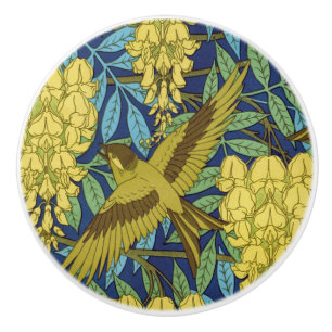 Vintage Navy Blue Bird & Yellow Floral Pattern Ceramic Knob