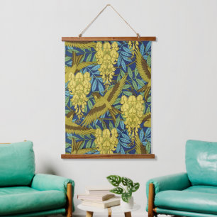Vintage Navy Blue Bird & Yellow Floral Pattern Hanging Tapestry