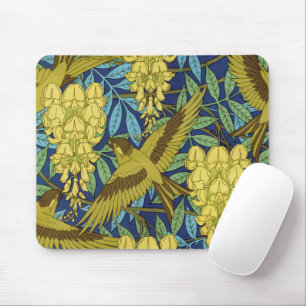 Vintage Navy Blue Bird & Yellow Floral Pattern Mouse Mat