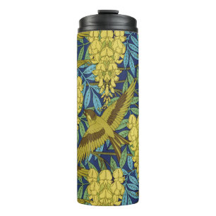 Vintage Navy Blue Bird & Yellow Floral Pattern Thermal Tumbler