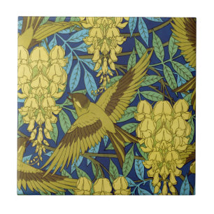 Vintage Navy Blue Bird & Yellow Floral Pattern Tile
