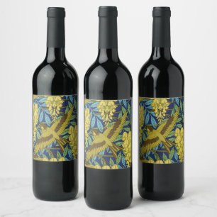 Vintage Navy Blue Bird & Yellow Floral Pattern Wine Label