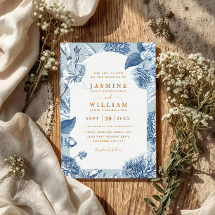 Vintage Navy Blue Blooms Floral QR Code Wedding Invitation