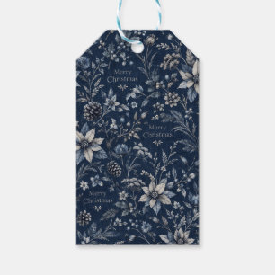 Vintage Navy Blue Botanical Merry Christmas Patter Gift Tags
