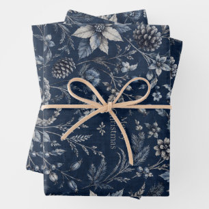 Vintage Navy Blue Botanical Merry Christmas Patter Wrapping Paper Sheet