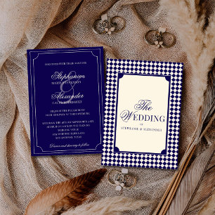 Vintage Navy Blue Chequered Old Money Wedding Invitation
