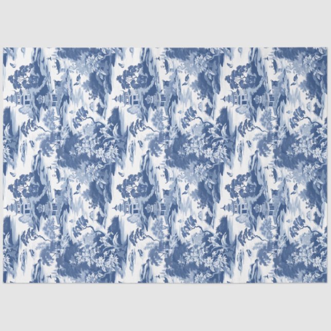 Vintage navy blue Chinoiserie china buildings Tissue Paper (Front)