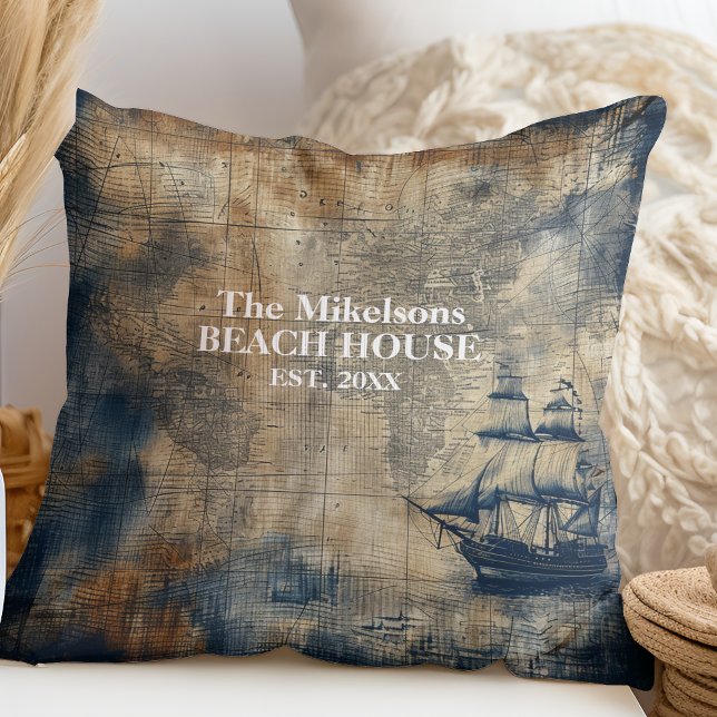 Vintage Navy Blue Custom Nautical Beach House Cushion (Creator Uploaded)