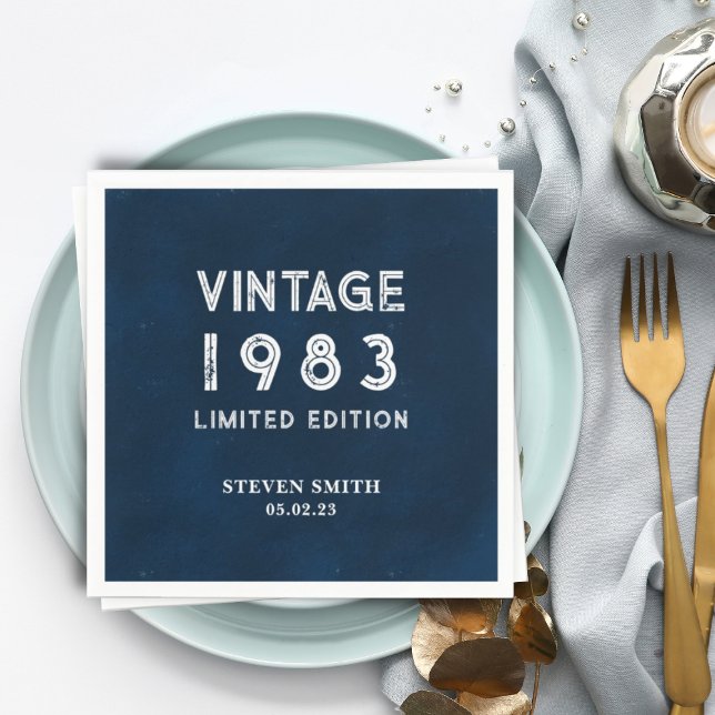 Vintage Navy Blue Custom Year 40th Birthday Napkin (Creator Uploaded)