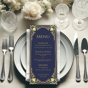 Vintage Navy Blue Faux Gold Elegant Wedding  Menu