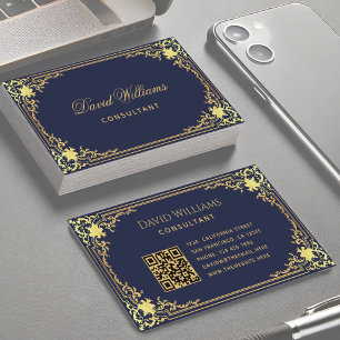 Vintage Navy Blue Faux Gold QR Code Elegant Script Business Card