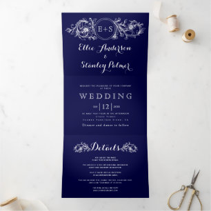 Vintage navy blue floral frame, initials wedding Tri-Fold invitation