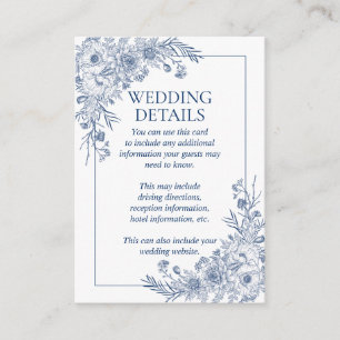 Vintage Navy Blue Floral Line Art Wedding Details Enclosure Card