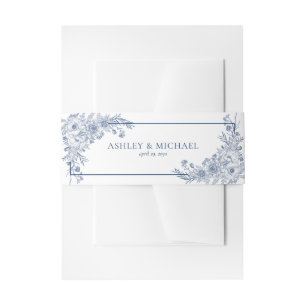 Vintage Navy Blue Floral Line Art Wedding Invitation Belly Band