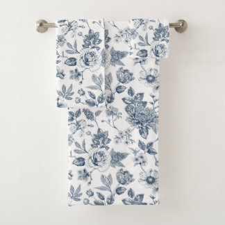 Vintage Navy Blue Floral Toile-De-Jouy Pattern Bath Towel Set