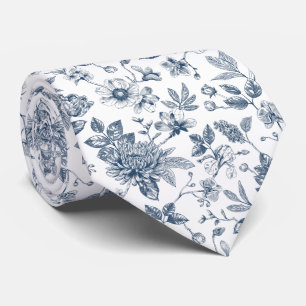 Vintage Navy Blue Floral Toile-De-Jouy Pattern Tie