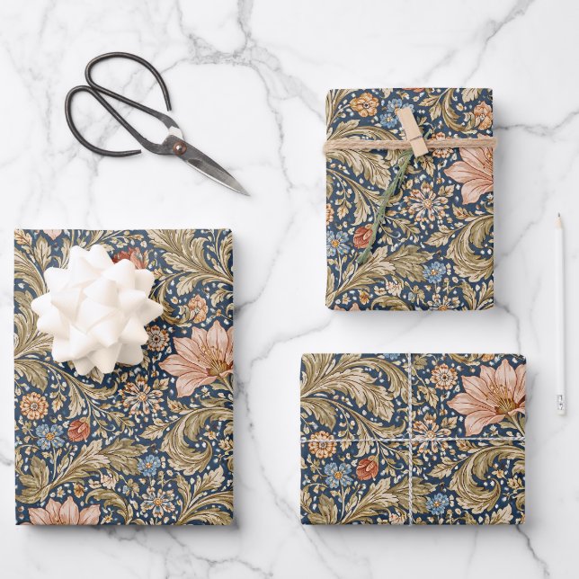 Vintage Navy Blue Floral Wrapping Paper Sheet (Front)