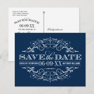 Vintage Navy Blue Flourish Wedding Save the Date Announcement Postcard