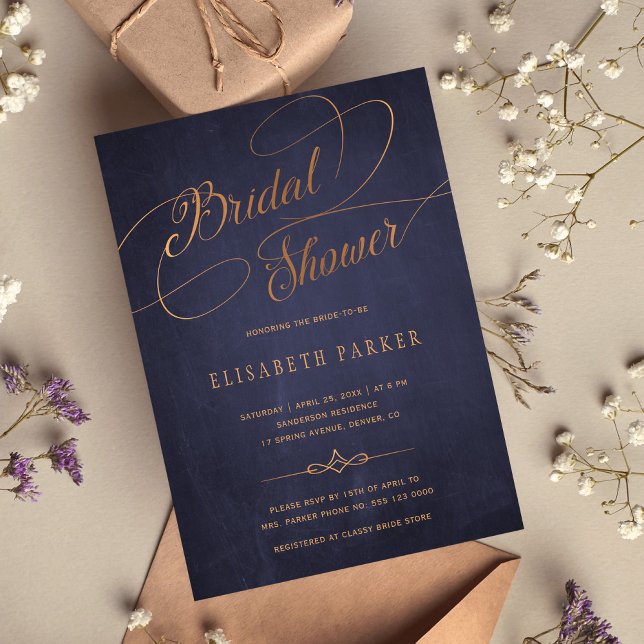 Vintage navy blue gold calligraphy bridal shower invitation (Creator Uploaded)