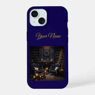 Vintage Navy Blue & Gold Christmas iPhone 15 Slim  Case