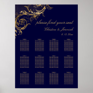 Vintage Navy Blue Gold Damask Wedding Seating Poster