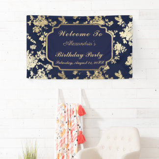 Vintage Navy Blue Gold Floral 40th Birthday Banner