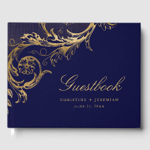 Vintage Navy Blue Gold Floral Damask Wedding Guest Book