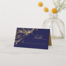 Vintage Navy Blue Gold Floral Damask Wedding