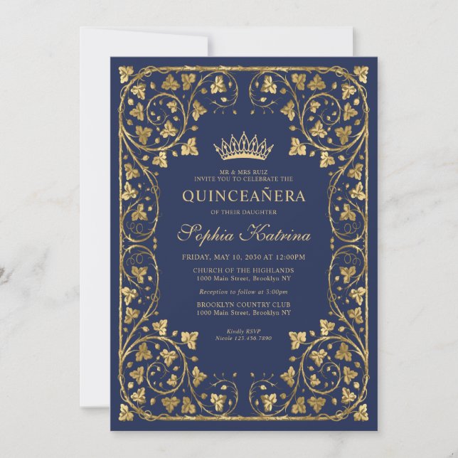 Vintage Navy Blue Gold Frame Tiara Quinceanera Invitation (Front)