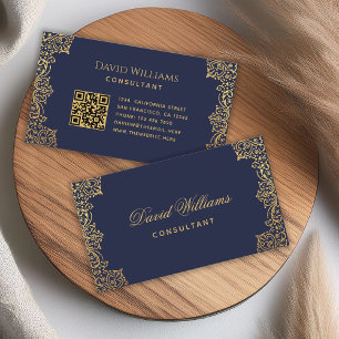 Vintage Navy Blue Gold QR Code Elegant Antique Business Card