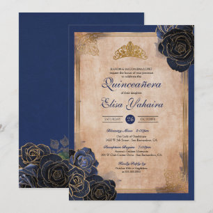 Vintage Navy Blue Gold Roses Royal Quinceanera Invitation