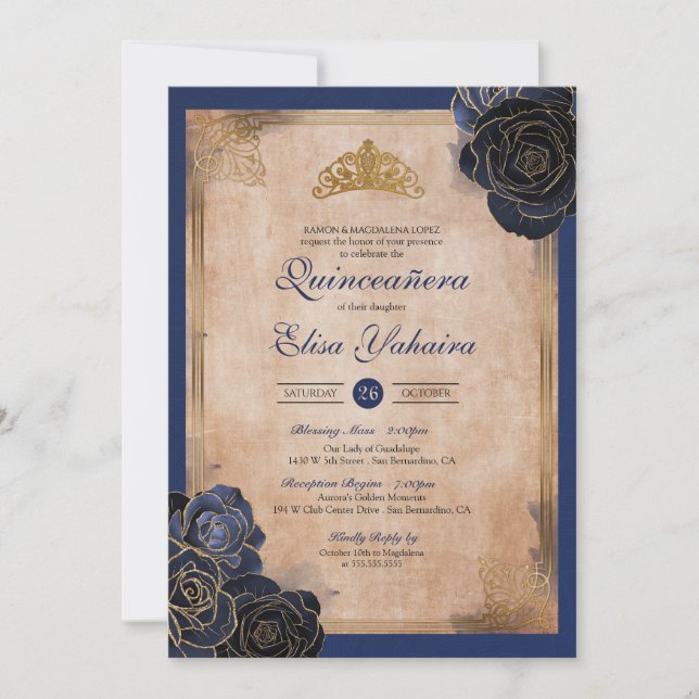 Vintage Navy Blue Gold Roses Royal Quinceanera Invitation (Front)