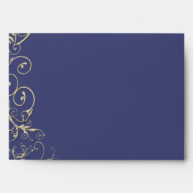 Vintage Navy Blue Gold Swirl Wedding Envelopes (Front)