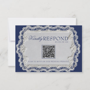 Vintage Navy Blue Lace Doily QR Code Wedding RSVP Card