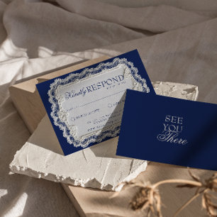 Vintage Navy Blue Lace Fancy Retro Wedding RSVP Card