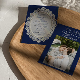 Vintage Navy Blue Lace Old Money Photo Wedding Invitation