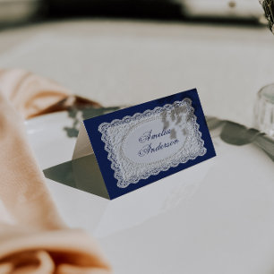 Vintage Navy Blue Lace Wedding Place Cards