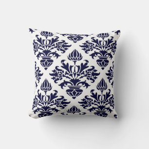 Vintage Navy Blue Large Floral Damask White BG Cushion