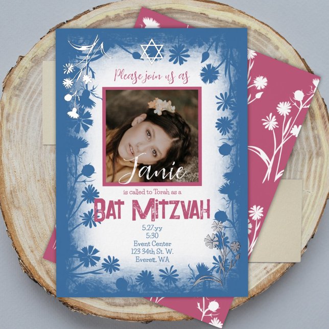 Vintage Navy Blue Mauve Pink Bat Mitzvah Photo (vintage wild flowers blue and pink mauve bat mitzvah invitation)
