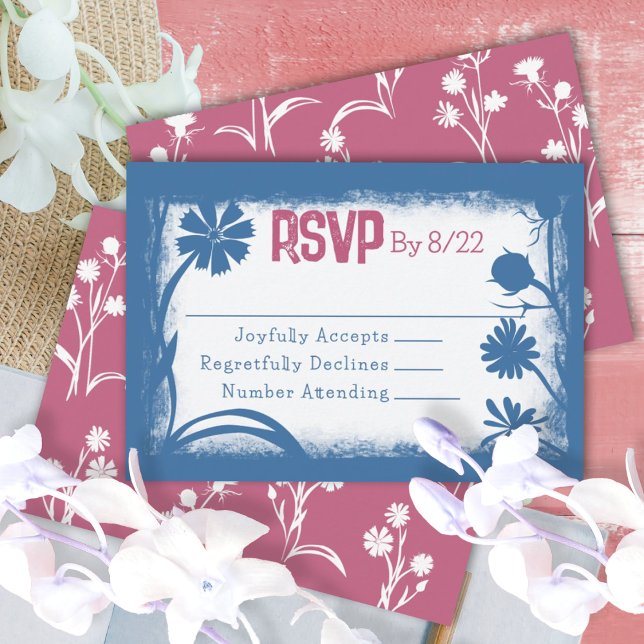 Vintage Navy Blue, Mauve Pink RSVP Card (blue floral wild flowers bat mitzvah rsvp response reply card for bat mitzvah party)