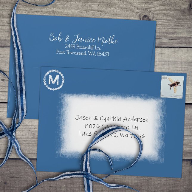 Vintage Navy Blue Monogram Bat Mitzvah 5x7 Envelope (Vintage navy blue 5x7 invitation envelopes with monogram, return address printed on back flap)