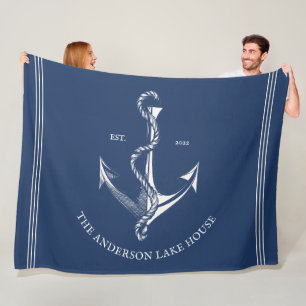 Vintage Navy Blue Nautical Anchor Lake Beach Boat Fleece Blanket