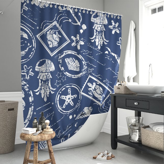 Vintage Navy Blue Nautical Sea Stamp Shower Curtain (Creator Uploaded)